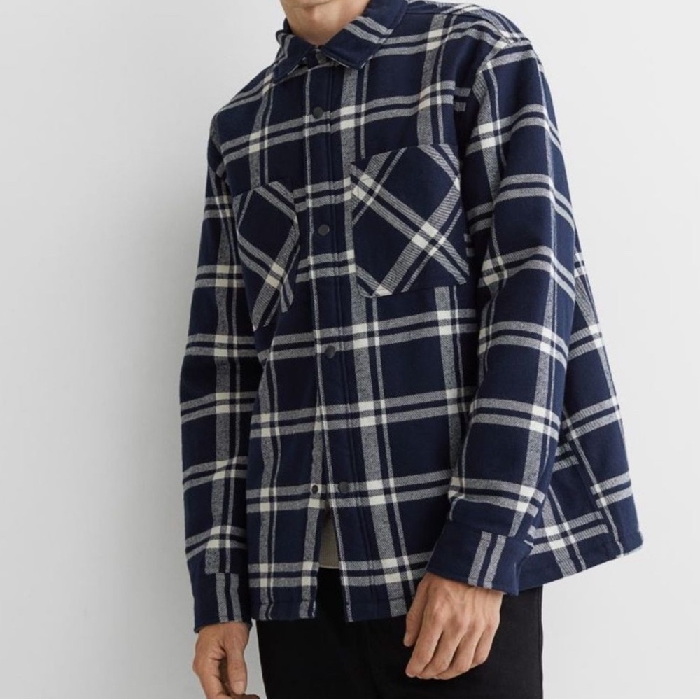 H&M Mens Blue and White Quilted Padded Overshirt Winter Shacket Cozy Jacket Sz S
